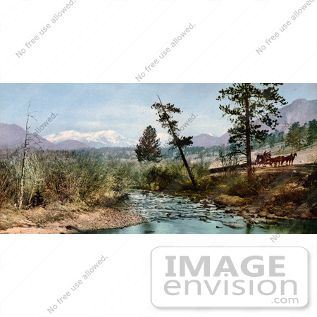 #40820 Stock Photo of a Horse Drawn Wagon By A Creek In Estes Park, Colorado, With A View Of Upsilon Peak In The Distance by JVPD
