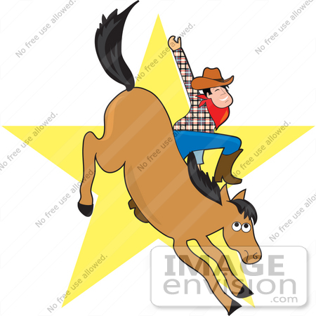 #40841 Clip Art Graphic of a Bucking Horse With A Waving Cowboy On Its Back In A Rodeo by Maria Bell