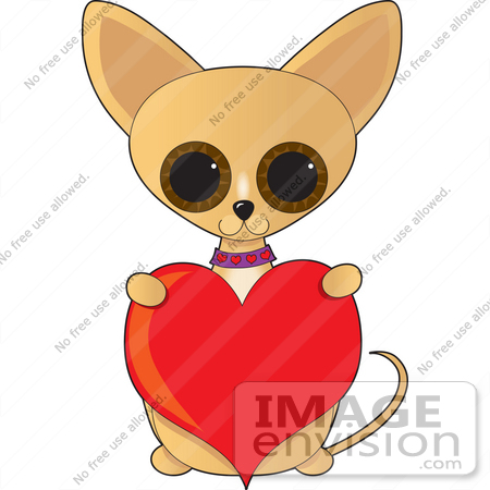 #40842 Clip Art Graphic of a Caring Chihuahua Puppy Holding Up A Red Valentine Heart by Maria Bell