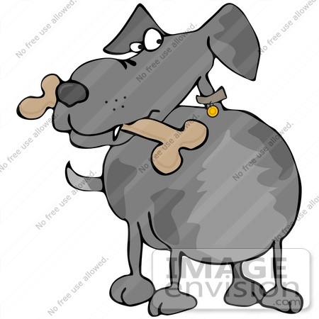 #40843 Clip Art Graphic of a Grey Dog Guarding A Bone In His Mouth by DJArt