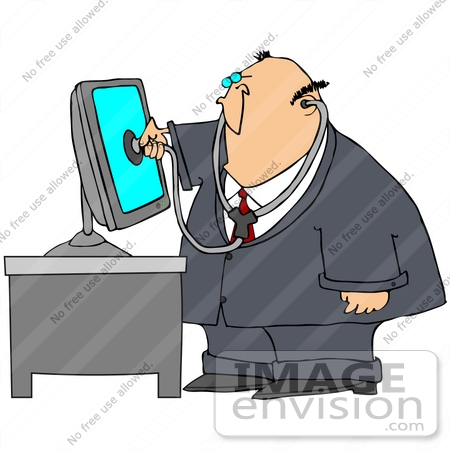 #40849 Clip Art Graphic of a PC Doctor Inspecting A Computer With A Stethoscope by DJArt