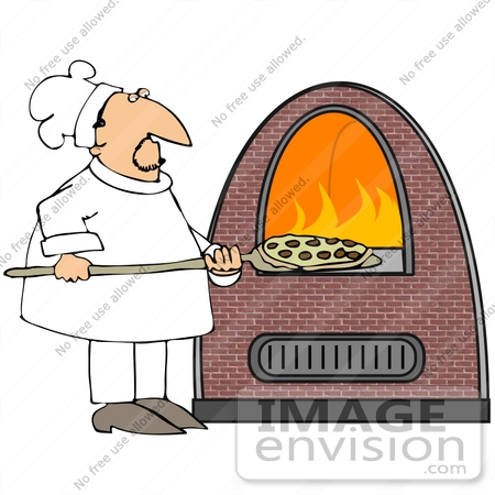 #40850 Clip Art Graphic of a Pizza Chef Inserting A Pie Into A Hot Brick Oven by DJArt
