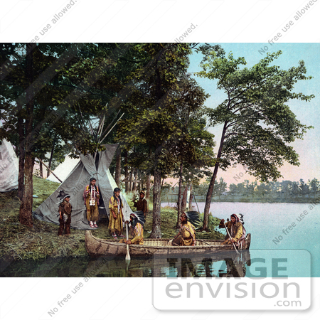 #40872 Stock Photo Of Native American Indians Standing On The Waterfront By A Tipi, Assisting Hunters As They Return Ot Shore by JVPD