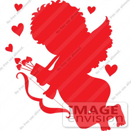 #40920 Clip Art Grapic of Cupid Flying With Hearts, Arrows And A Bow, Silhouetted In Red by Maria Bell