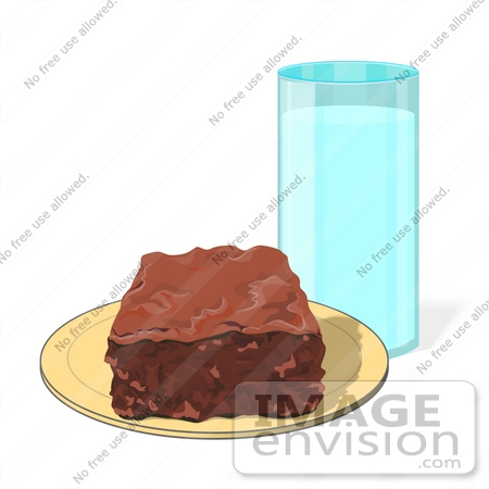 #40922 Clip Art Graphic of a Tall Glass Of Fresh Milk Beside A Brownie On A Plate by DJArt