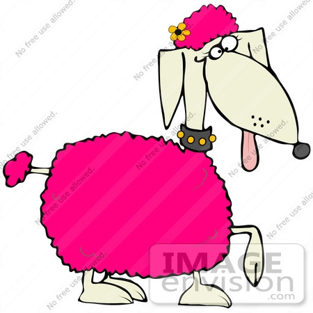 #40923 Clip Art Graphic of a Prancing Spoiled Pink Poodle With A Flower In Her Hair by DJArt