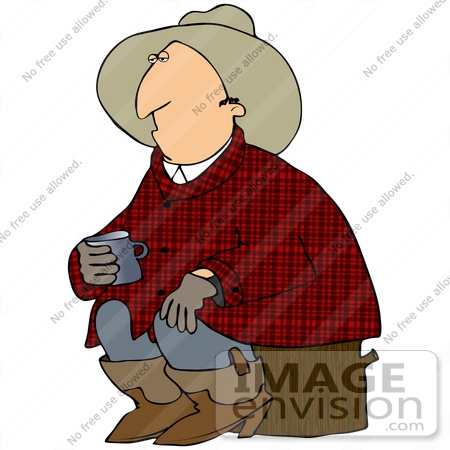 #40925 Clip Art Graphic of a Groggy Cowboy Sitting On A Log And Holding A Cup Of Coffee by DJArt