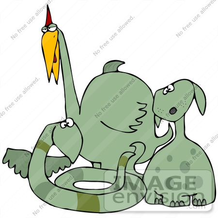 #40927 Clip Art Graphic of a Group Of Silly Green Bird, Snake And Dog Like Dinosaurs by DJArt