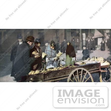 #40930 Stock Photo Of A Banana Vendor Selling Fruit To Customers From A Cart On A Street In New York by JVPD