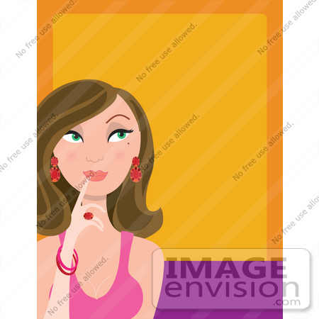#40977 Clip Art Graphic of a Beautiful Brunette Caucasian Woman in Thought, Over a Purple and Orange Background by Maria Bell