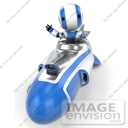 #40984 Clip Art Graphic of an AO-Maru Robot in Blue, Waving And Driving a Hovering Rocket by Jester Arts
