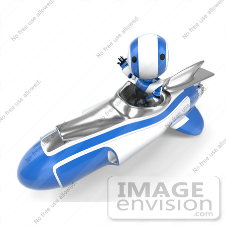 #40987 Clip Art Graphic of an AO-Maru Robot in Blue, Waving And Driving A Speedy Rocket by Jester Arts
