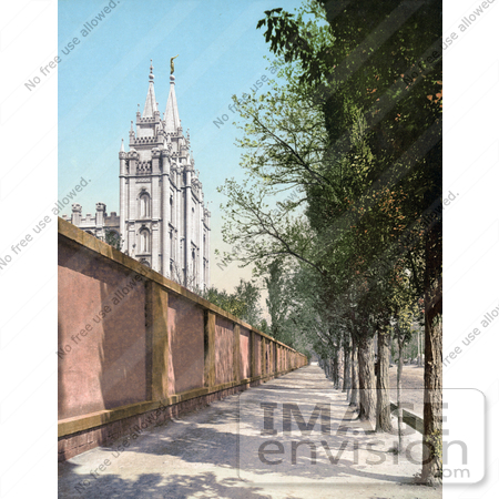 #41023 Stock Photo Of A Tree Lined Sidewalk Along A Wall By The Temple In Salt Lake City, Utah by JVPD