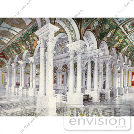 #41073 Stock Photo Of Painted Ceilings, Columns And Benches In The Central Stair Hall Of The Library Of Congress, Washington DC by JVPD