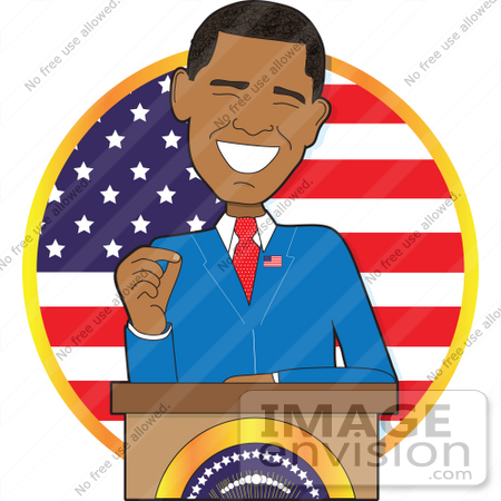 #41149 Clip Art Graphic of American President, Barack Obama, Giving a Speech at a Podium by Maria Bell