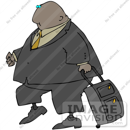 #41151 Clip Art Graphic of an African American Businessman With A Rolling Suitcase by DJArt