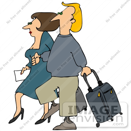 #41152 Clip Art Graphic of a Caucasian Couple Walking With Rolling Suitcases by DJArt