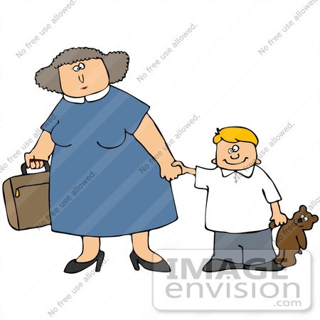 #41157 Clip Art Graphic of a Happy Little Caucasian Boy With A Teddy Bear, Holding His Mom’s Hand While She Carries A Suitcase by DJArt