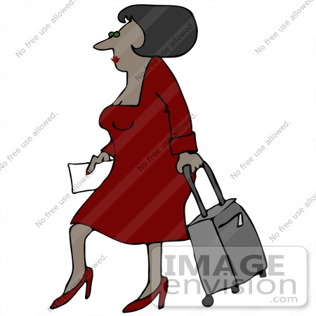 #41158 Clip Art Graphic of an African American Woman In Red, Walking With A Rolling Suitcase by DJArt