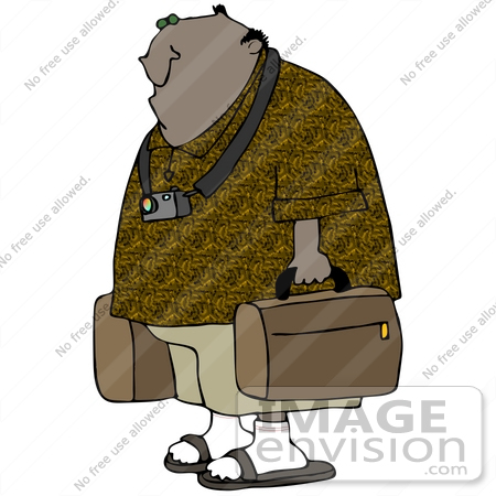 #41159 Clip Art Graphic of an African American Guy Wearing A Camera Around His Neck, Carrying Luggage by DJArt