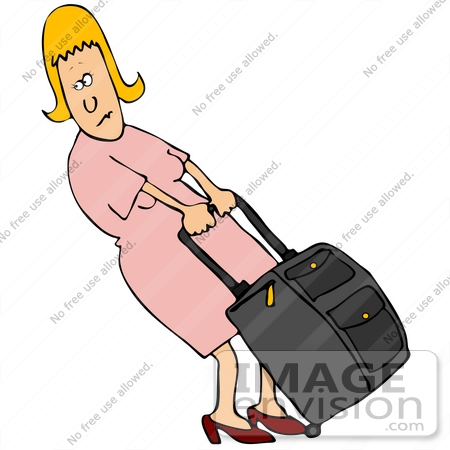#41160 Clip Art Graphic of a Blond Caucasian Woman Trying To Budge A Heavy Rolling Suitcase by DJArt