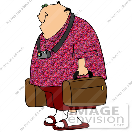 #41161 Clip Art Graphic of a Caucasian Tourist Guy With A Camera Around His Neck, Carrying Suitcases by DJArt