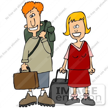 #41162 Clip Art Graphic of a Happy Young Caucasian Couple, Could Be Brother And Sister, Smiling And Standing With Suitcases by DJArt