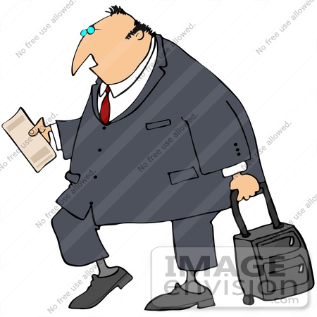 #41163 Clip Art Graphic of a Caucasian Businessman Reading His Plane Ticket While Pulling Rolling Luggage by DJArt