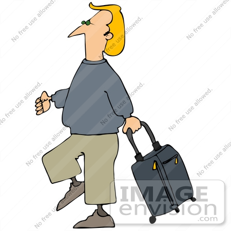 #41164 Clip Art Graphic of a Blond Caucasian Guy Walking With A Rolling Suitcase by DJArt