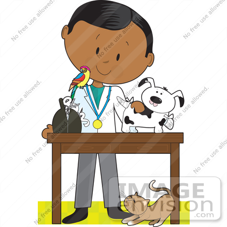#41173 Clip Art Graphic of a Male Hispanic Or African American Veterinarian With A Cat At His Feet And A Bird On His Shoulder, Treating An Injured Puppy by Maria Bell