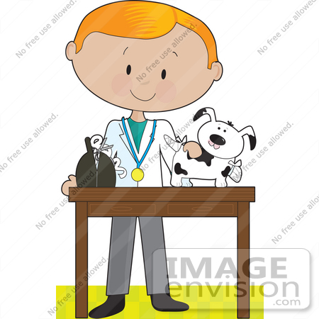 #41174 Clip Art Graphic of a Red Haired Male Caucasian Veterinarian , Treating An Injured Puppy by Maria Bell