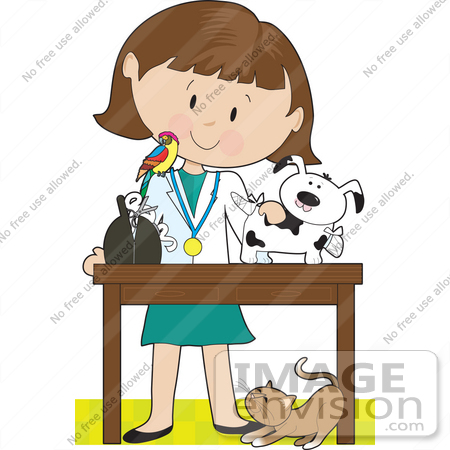 #41175 Clip Art Graphic of a Female Caucasian Veterinarian With A Cat At Her Feet And A Bird On Her Shoulder, Treating An Injured Puppy by Maria Bell