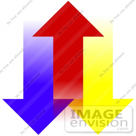 #41184 Clip Art Graphic of Blue And Yellow Arrows Pointing Down On The Sides Of A Red Arrow Pointing Up by DJArt