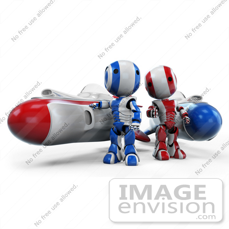 #41191 Clip Art Graphic of AO-Maru Robots In Blue And Red, Standing By Racing Missile Rockets by Jester Arts