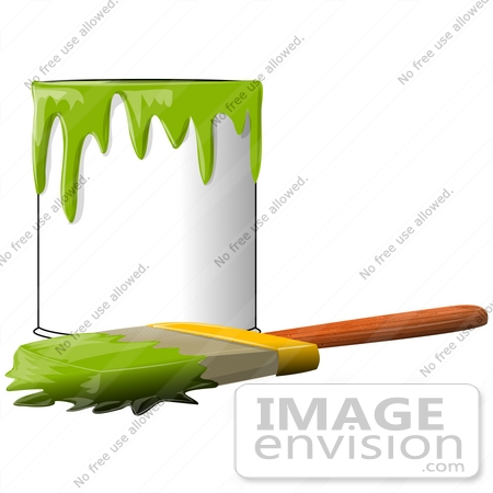 #41198 Clip Art Graphic of a Paintbrush Beside a Dripping Can of Green Paint by DJArt