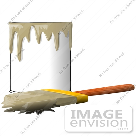 #41200 Clip Art Graphic of a Paintbrush Beside a Dripping Can of Tan Paint by DJArt