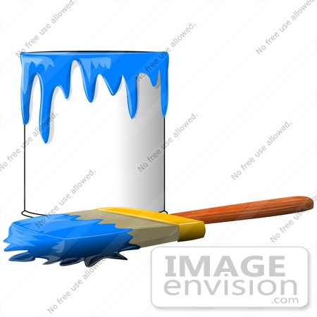#41201 Clip Art Graphic of a Paintbrush Beside a Dripping Can of Blue Paint by DJArt