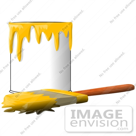 #41202 Clip Art Graphic of a Paintbrush Beside a Dripping Can of Yellow Paint by DJArt