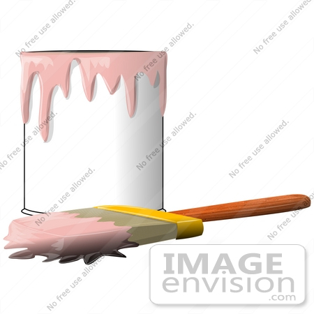 #41203 Clip Art Graphic of a Paintbrush Beside a Dripping Can of Pink Paint by DJArt