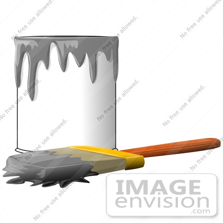 #41204 Clip Art Graphic of a Paintbrush Beside a Dripping Can of Gray Paint by DJArt