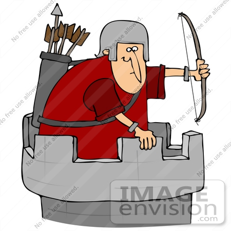 #41206 Clip Art Graphic of a Roman Soldier With A Bow And Arrows, Atop A Fortress Tower by DJArt