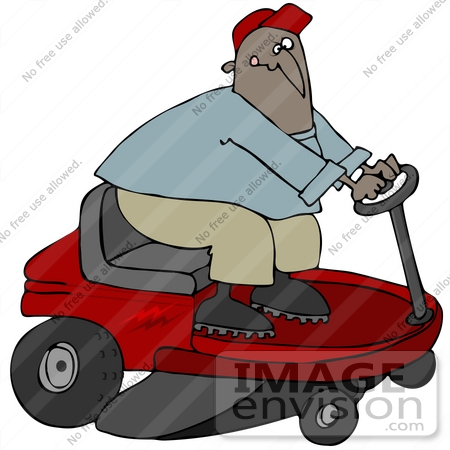 #41208 Clip Art Graphic of an African American Man Racing Around On A Red Riding Lawn Mower by DJArt