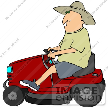 #41209 Clip Art Graphic of a Caucasian Farmer In A Hat, Driving A Red Riding Lawn Mower by DJArt