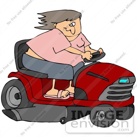 #41210 Clip Art Graphic of a Woman Racing Around On A Red Riding Lawn Mower by DJArt