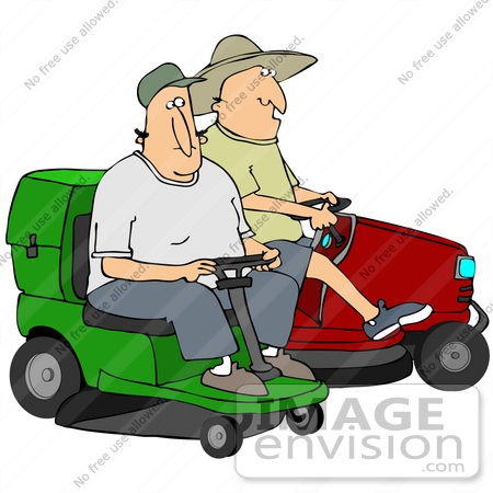 #41211 Clip Art Graphic of Two Caucasian Men Eying Each Other, Considering Racing On Their Riding Lawn Mowers. by DJArt
