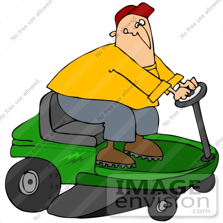 #41212 Clip Art Graphic of a Caucasian Man Biting His Lip And Racing A Green Riding Lawn Mower by DJArt