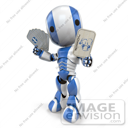 #41216 Clip Art Graphic of a 3d Blue and White Robot Holding Out a Joker Card, With Other Playing Cards in His Other Hand by Jester Arts