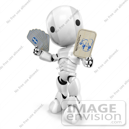 #41217 Clip Art Graphic of a 3d Silver and White Robot Holding Out a Joker Card, With Other Playing Cards in His Other Hand by Jester Arts