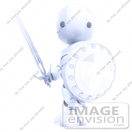 #41220 Clip Art Graphic of a 3D Glowing Robot With a Sword and Shield by Jester Arts