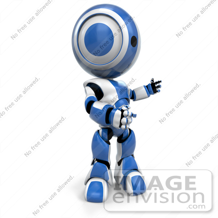 #41222 Clip Art Graphic of a 3D Blue and White Robot Standing and Facing to the Right by Jester Arts